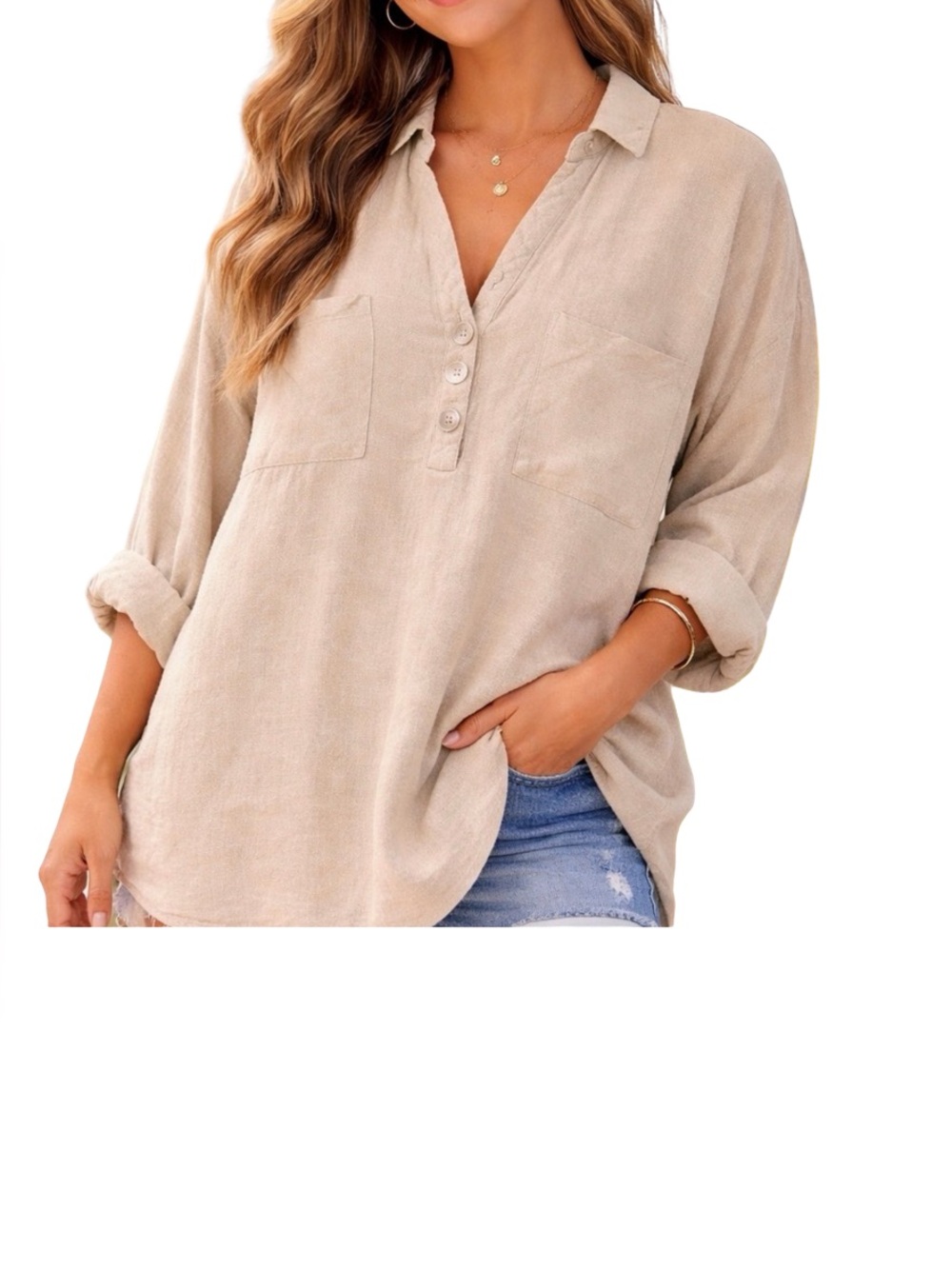Lolita Confortable Light Beige Button-Front Women's Shirt Linen/Viscosa Size XL